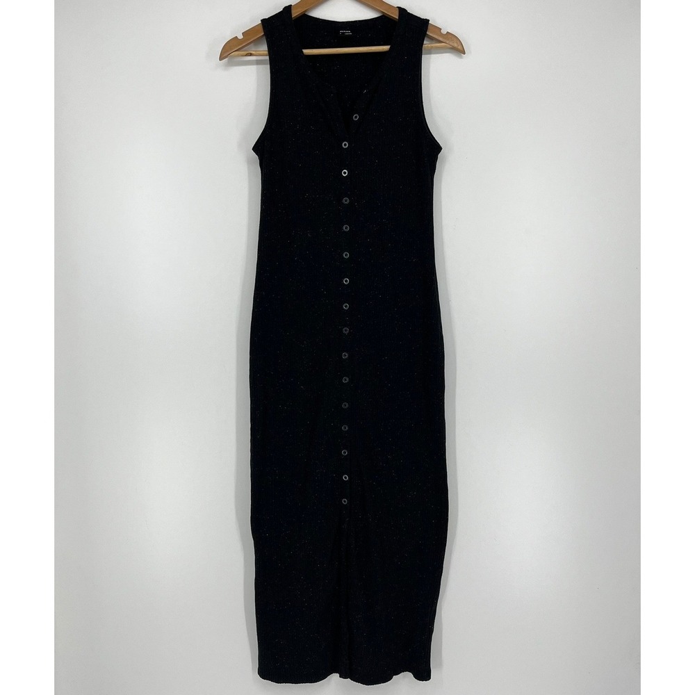 Prana Black Confetti Ribbed Button Down Sleeveless Midi Dress Size S Small